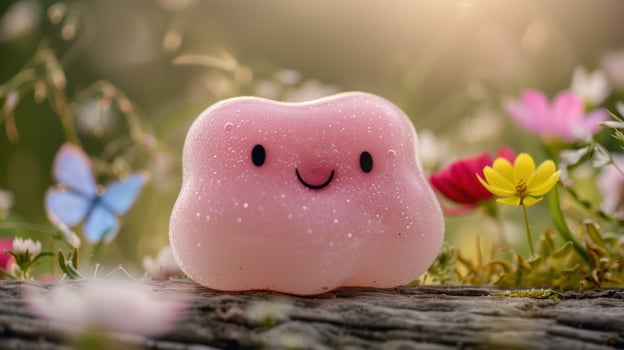Cute pink marshmallow character in nature photo