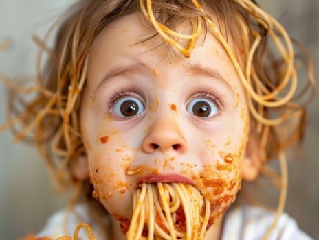 messy child eating spaghetti photo