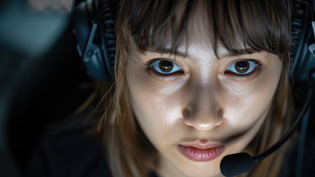 Close up portrait of a young woman with intense blue eyes photo