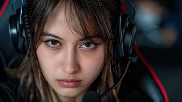 young woman with headphones looking serious photo