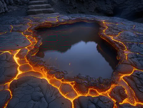 Glowing lava pool in volcanic landscape photo