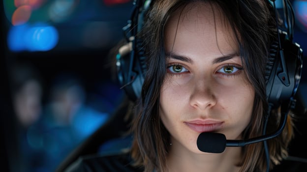 focused woman wearing headset in dark environment photo