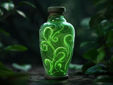 Glowing green glass bottle with swirling pattern photo