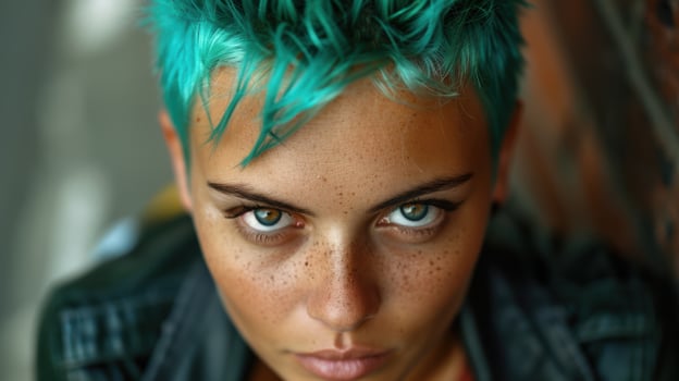 Intense gaze of a person with vibrant turquoise hair photo
