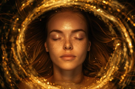woman with closed eyes surrounded by golden light photo