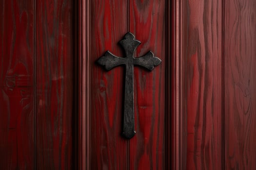 dark cross on red wooden background photo