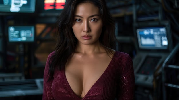 Confident woman in a sparkling red dress photo