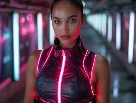Futuristic woman in neon pink and black outfit photo