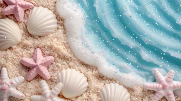 Seashells and starfish on sandy beach with crashing waves photo