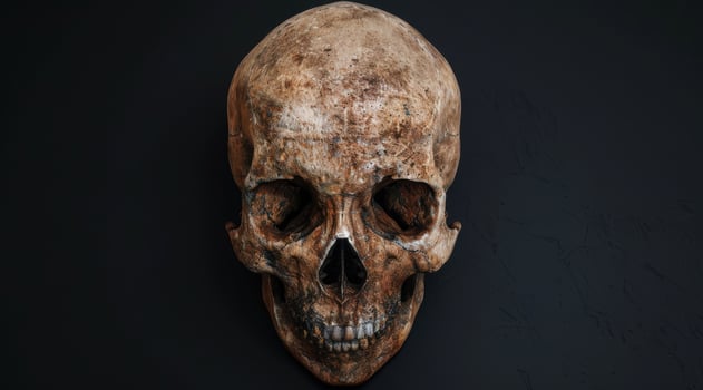 Weathered human skull on dark background photo