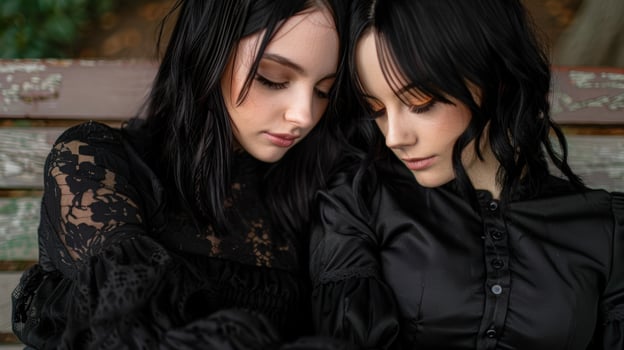 two young women in black clothing with dark hair photo