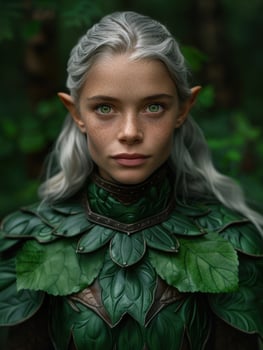 Ethereal elf like figure in green forest photo
