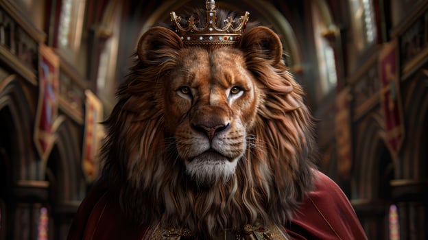 Majestic lion wearing a crown in a regal setting photo
