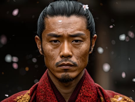 Serious asian man with traditional clothing and flower in hair photo