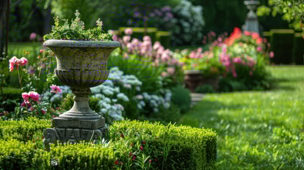 beautiful garden with stone planter and flowers photo