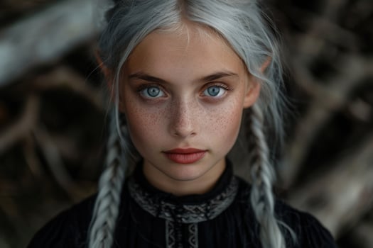 Captivating portrait of a young woman with striking blue eyes and silver hair photo