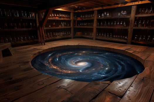 Mystical galaxy inspired hot tub in rustic cabin photo