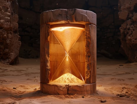 Hourglass timer in wooden frame with golden sand photo