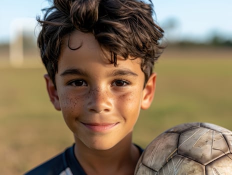young boy with curly hair holding soccer ball photo