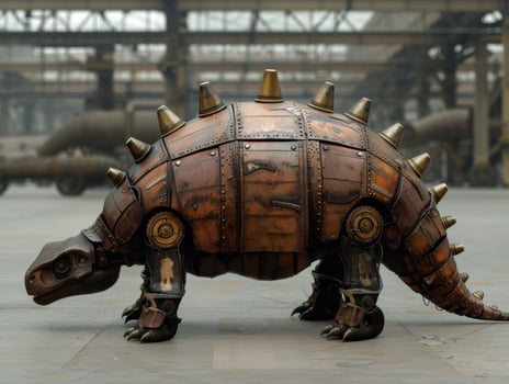Steampunk robotic rhinoceros in industrial setting photo