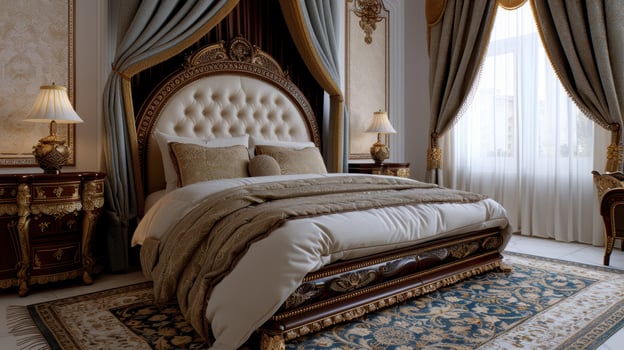 Luxurious and ornate bedroom interior with tufted headboard and ornate decor photo