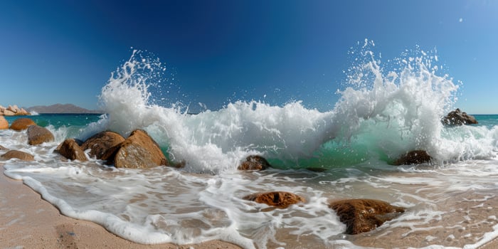 Powerful ocean waves crashing against rocky coastline photo