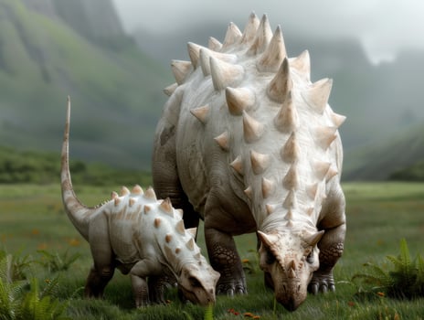 Prehistoric armored dinosaur in misty landscape photo