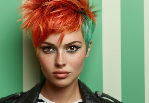 Vibrant redhead with bold makeup and edgy style photo