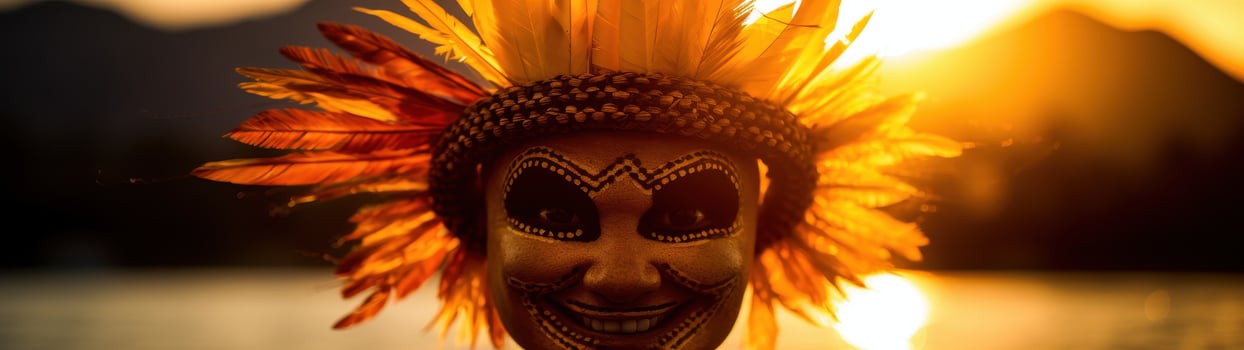 Vibrant tribal mask with feathers against sunset photo