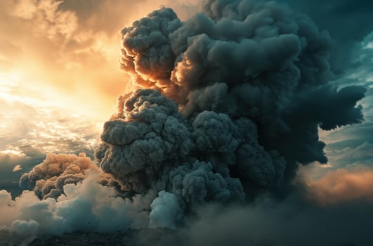Dramatic volcanic eruption with thick smoke and fiery clouds photo