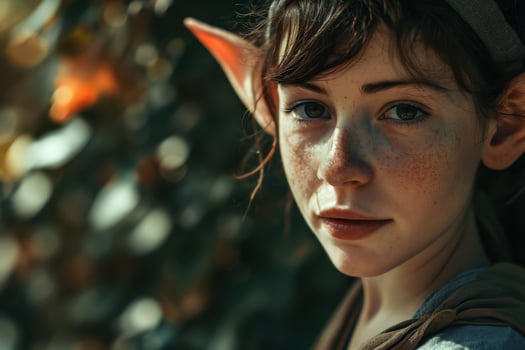 pensive young woman with freckles and windblown hair photo