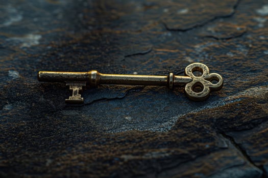 Antique key on dark stone surface photo