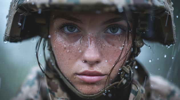 close up portrait of a young woman in military uniform with rain droplets on her face photo
