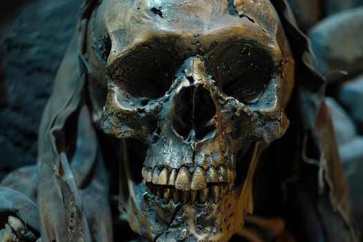 Close up of a weathered and damaged human skull photo
