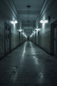 Eerie abandoned hallway with dim lighting photo