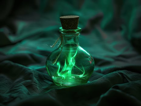 Glowing green potion in a glass bottle photo