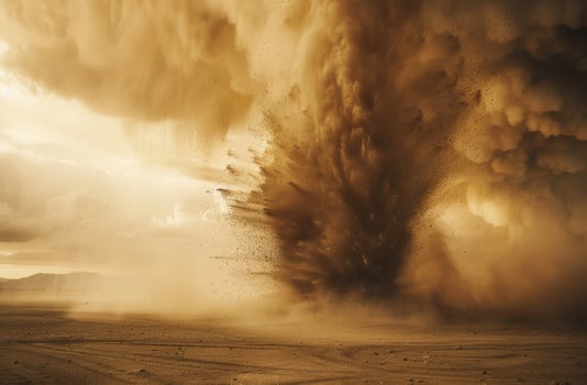 Dramatic dust storm explosion in desert landscape photo