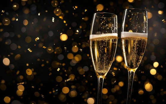 Champagne flutes with golden bubbles against a sparkling backdrop photo
