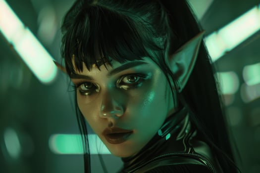 Mysterious woman with dark hair and intense green eyes photo