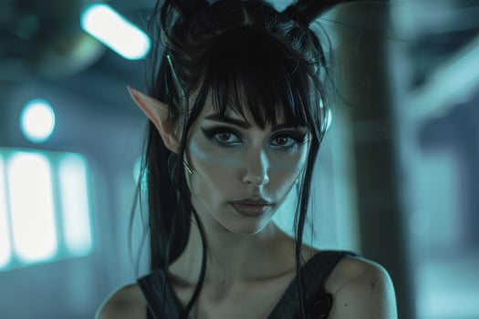 Mysterious elf like woman with dark hair and piercing eyes photo