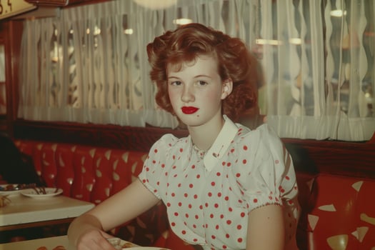 Retro woman with curly red hair and red lipstick photo