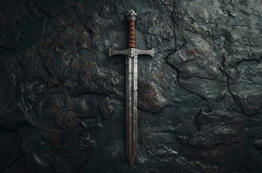 Ornate medieval sword against dark rock background photo
