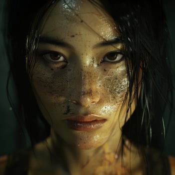 Dramatic portrait of a woman with golden glitter on her face photo