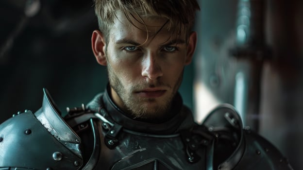 Intense warrior in futuristic armor photo