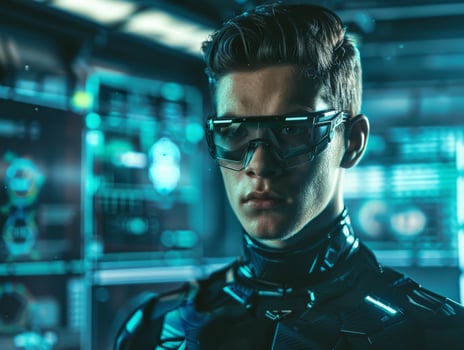 futuristic cyborg in dark sci fi environment photo
