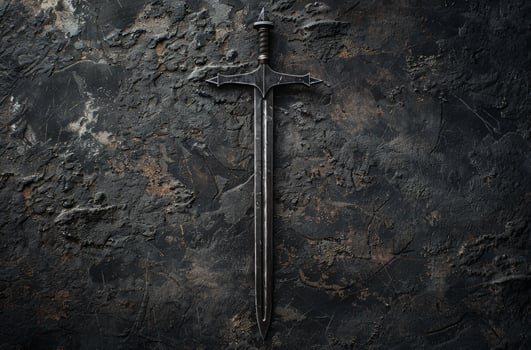 Ornate medieval sword on dark stone background photo