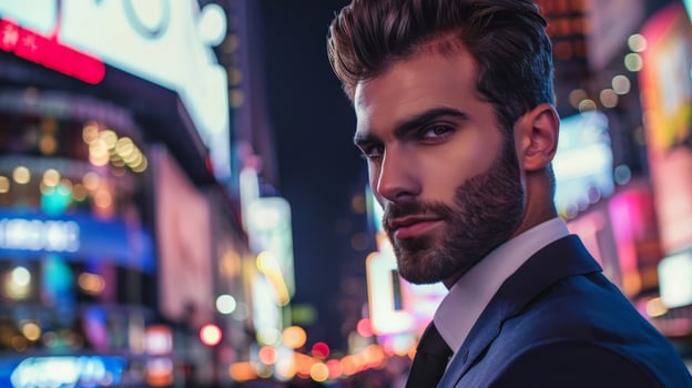 Handsome man in suit posing in city at night photo