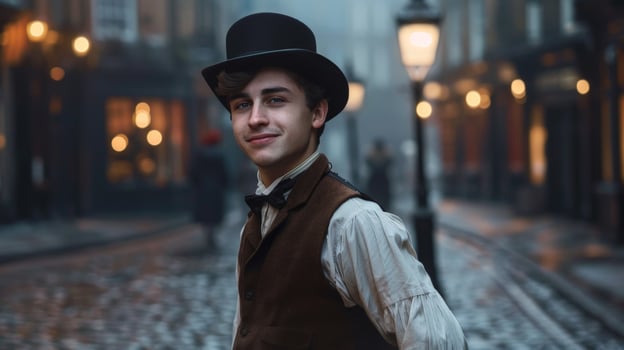 Smiling man in vintage clothing on city street photo
