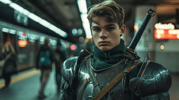 Futuristic warrior in a dark, moody setting photo