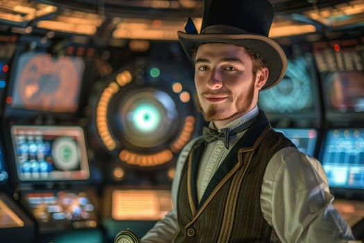 Steampunk man in futuristic control room photo